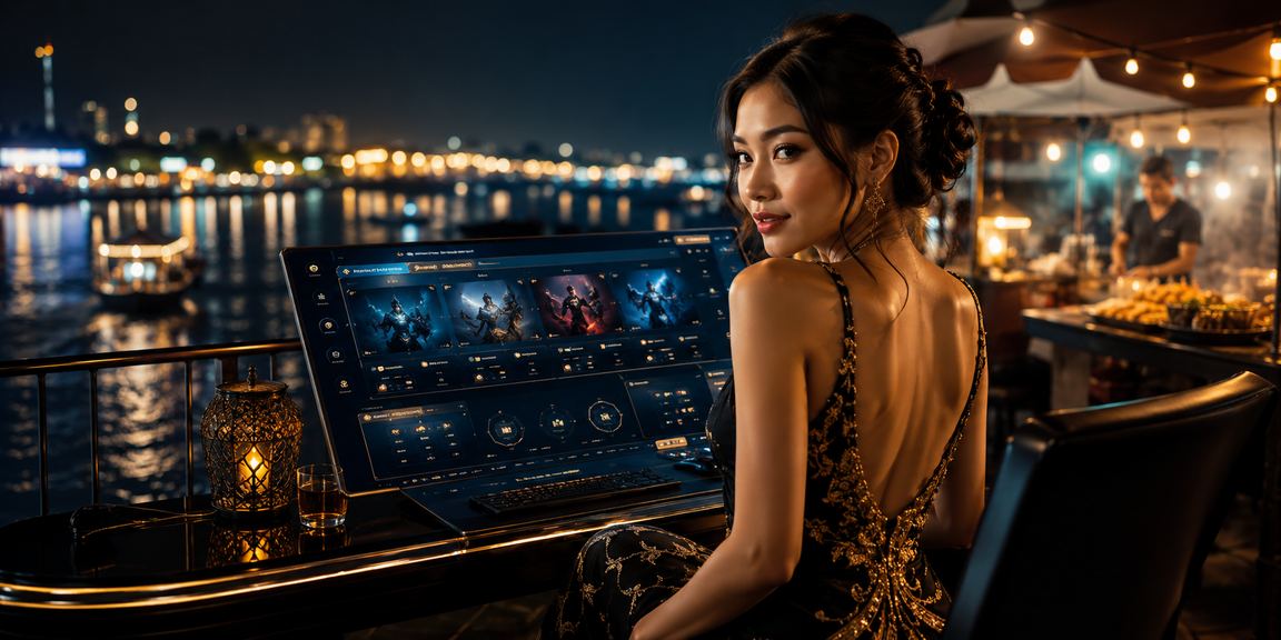 Pengguna muda mengikuti taruhan esports di tepi pantai menggunakan laptop